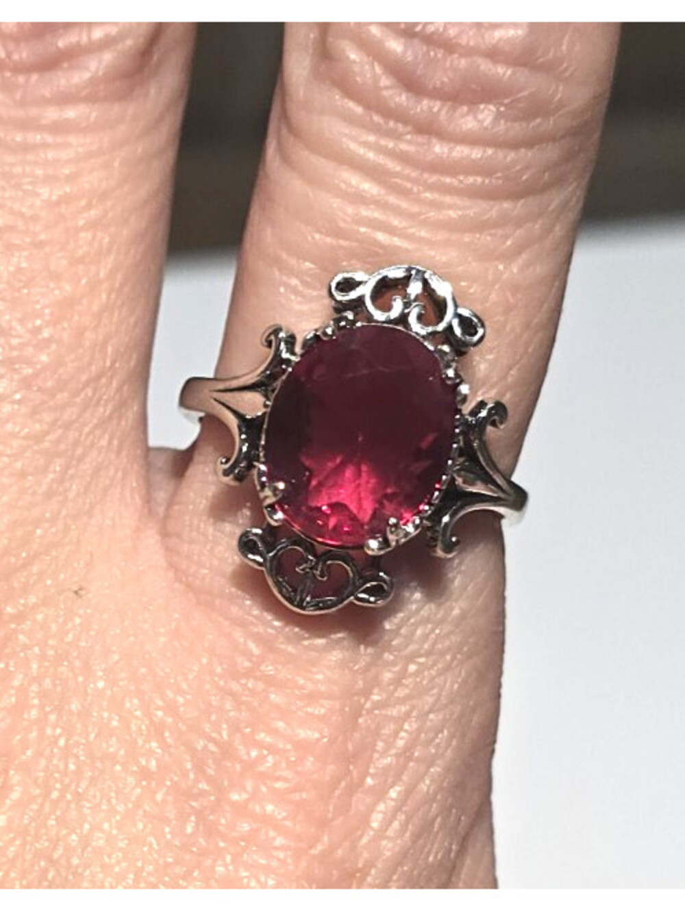 Pink Sapphire Ring Scrollwork Silver Tone Rhodium Plated sz 7.75 8